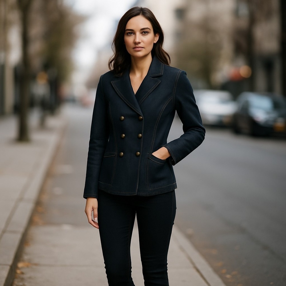 DG2 Diane Gilman Denim Blazer Jacket Black Double Breasted Stretch Medium M